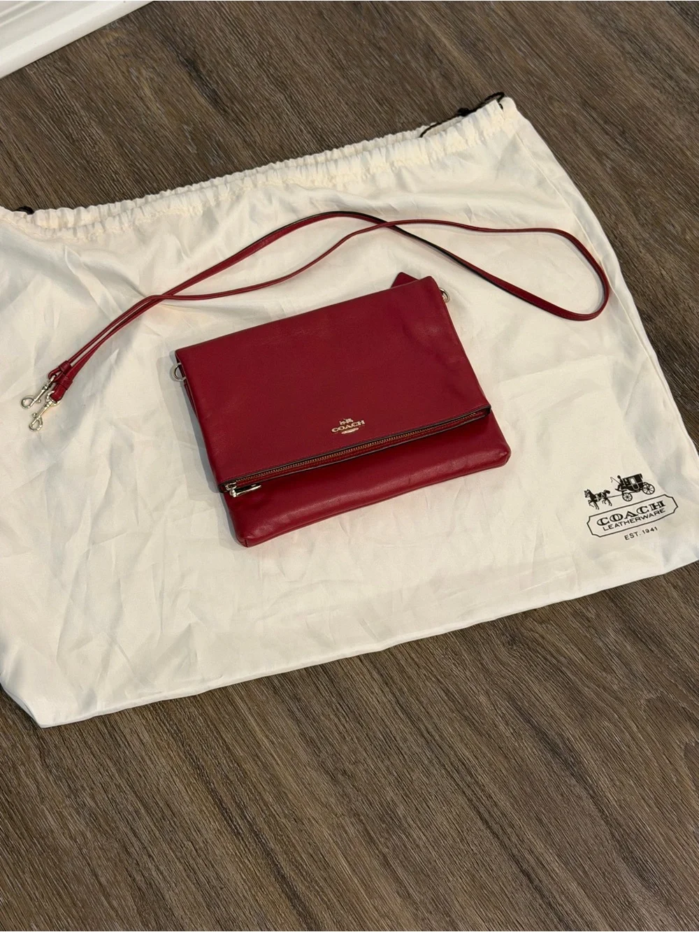 Coach Red Leather Crossbody Fold-Over Clutch